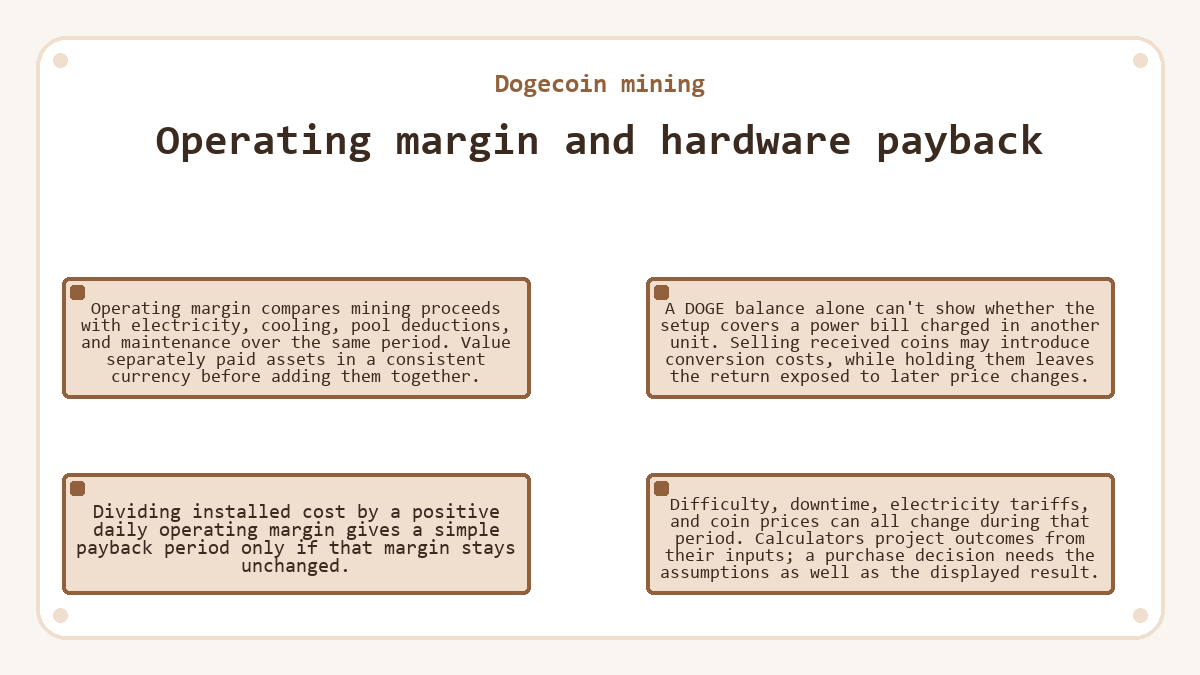 Operating margin and hardware payback (Dogecoin mining)