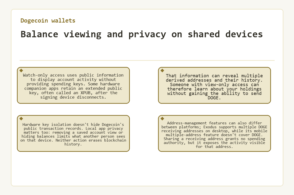 Visual summary: Balance viewing and privacy on shared devices (Dogecoin wallets)